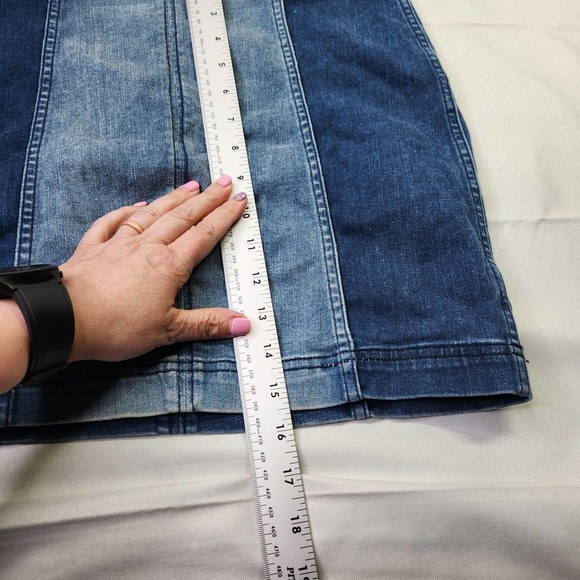 Free People Size 10 Womens Stretch Denim Femme Color Block Mini Skirt Dark Blue - Picture 8 of 8